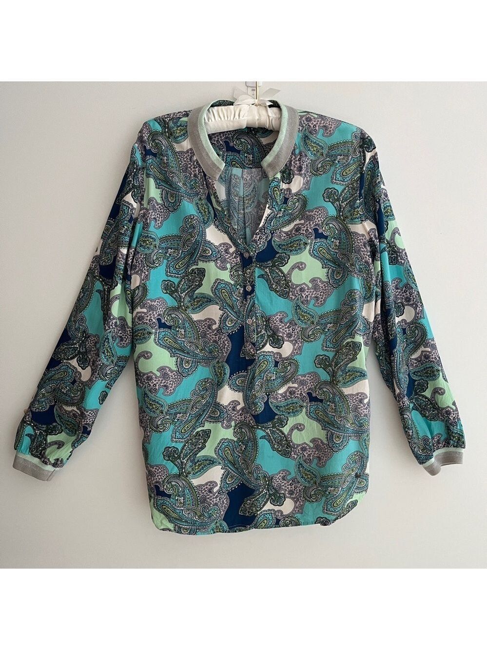 OLSEN Long Sleeve Split Neck Paisley Pullover Blouse Office Casual Travel Boho